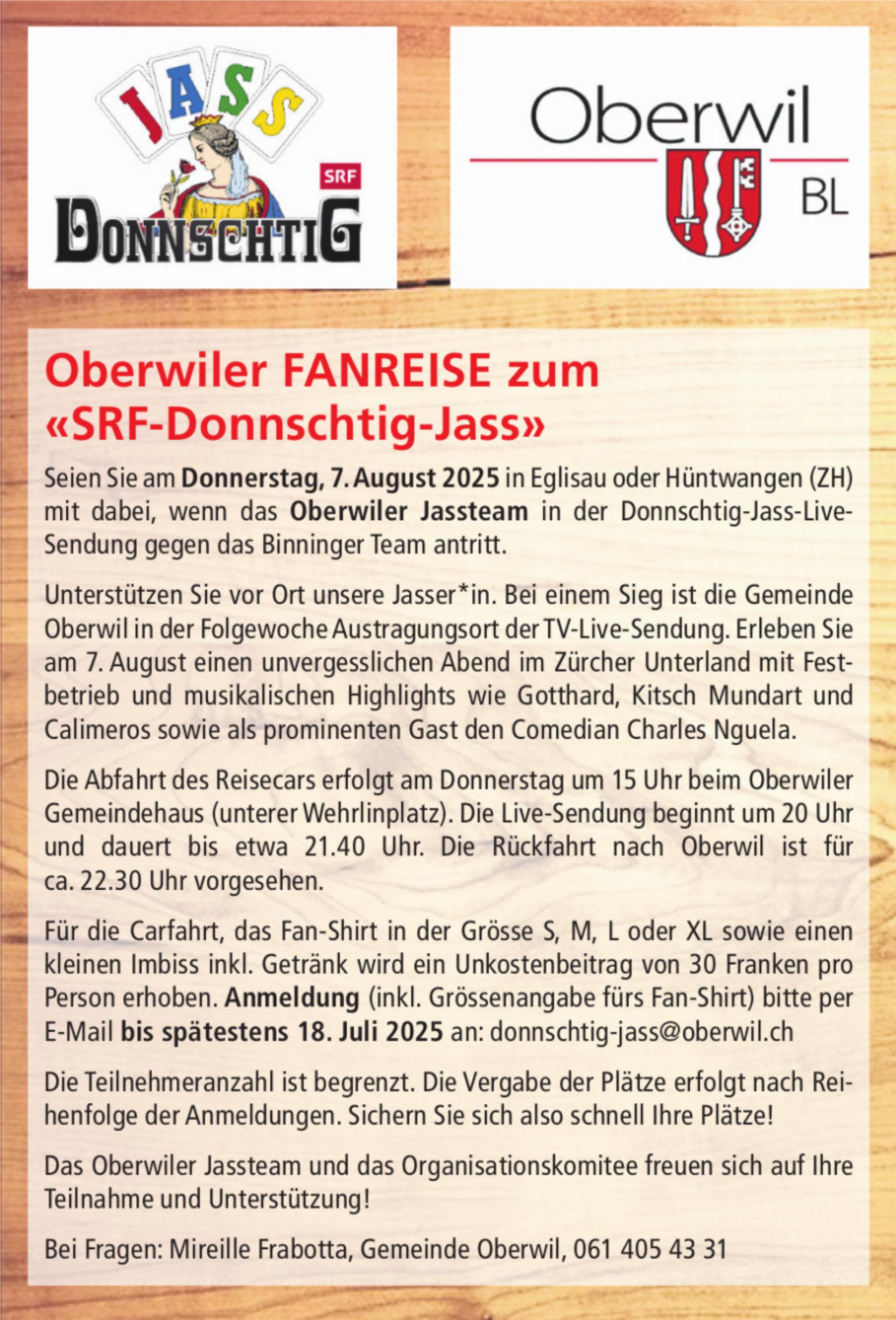 Oberwiler FANREISE zum «SRF-Donnschtig-Jass»