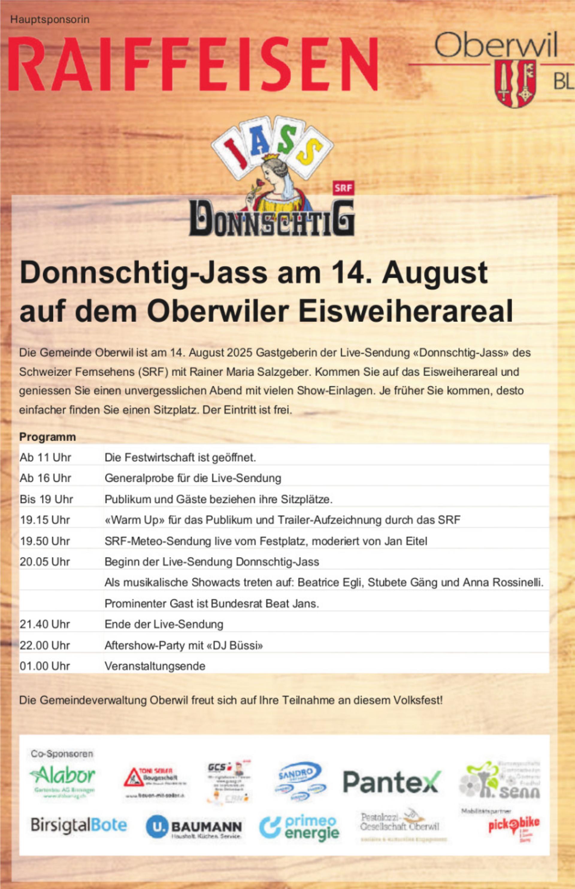 Donnschtig-Jass am 14. August auf dem Oberwiler Eisweiherareal - Das Bild wird blockiert. – Möglicherweise durch einen aktiven Adblocker.