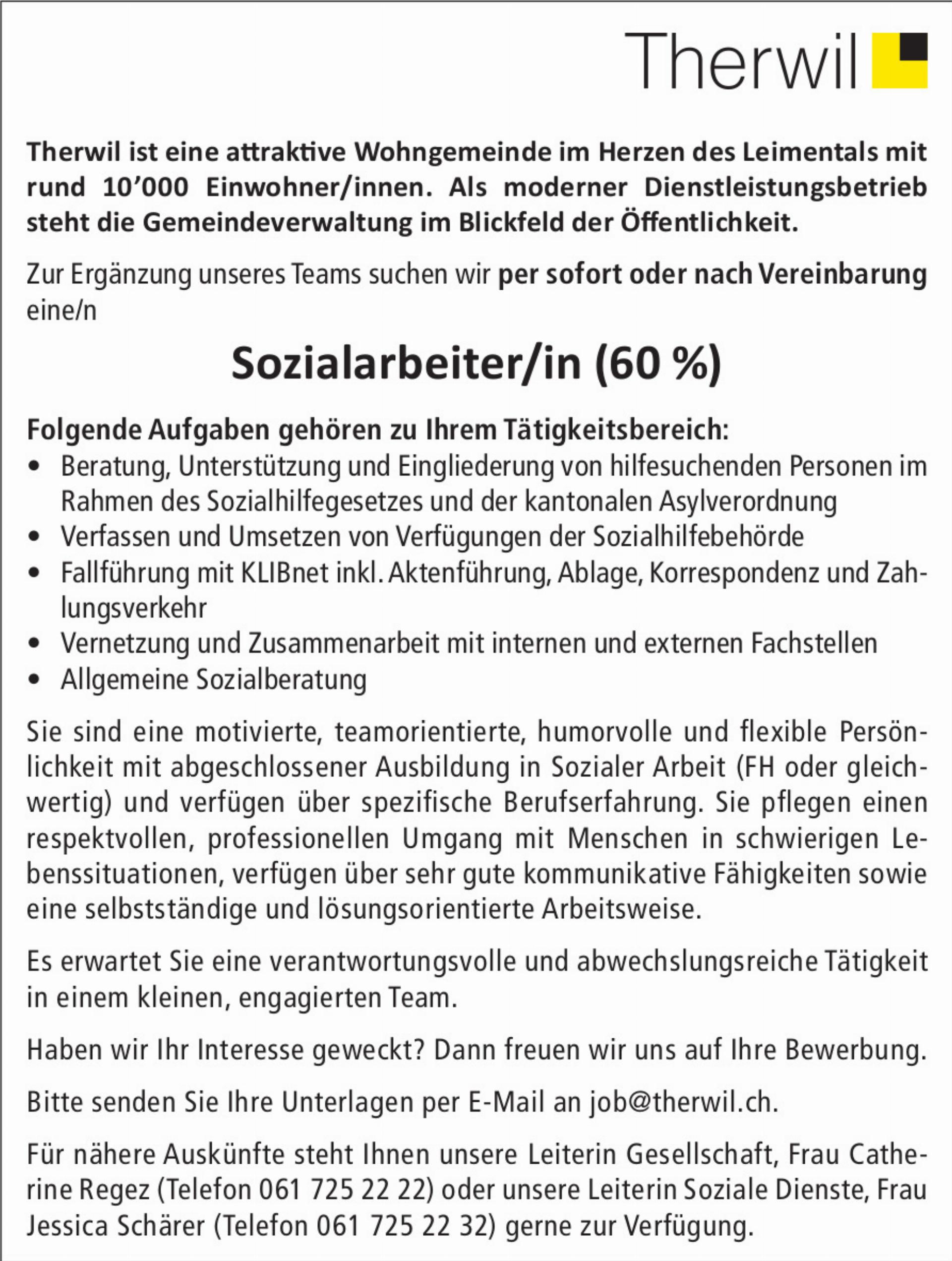 Sozialarbeiter/in (60 %)