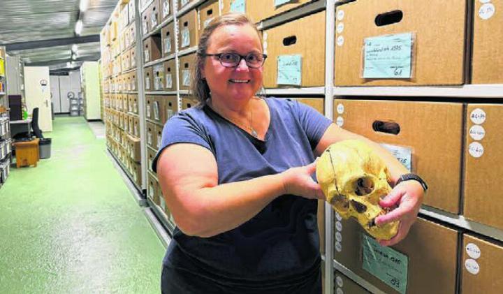Kuratorin Viera Trancik in der Sammlung mit dem Schädel eines Oberwilers aus dem 7. Jahrhundert n. Chr. Foto: Nathalie Reichel