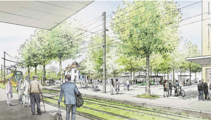 Blick von der neuen Tramhaltestelle Richtung Schloss Bottmingen (Illustration: Bryum)